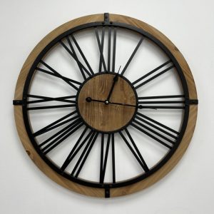 שעון קיר עגול בשילוב עץ ומתכת