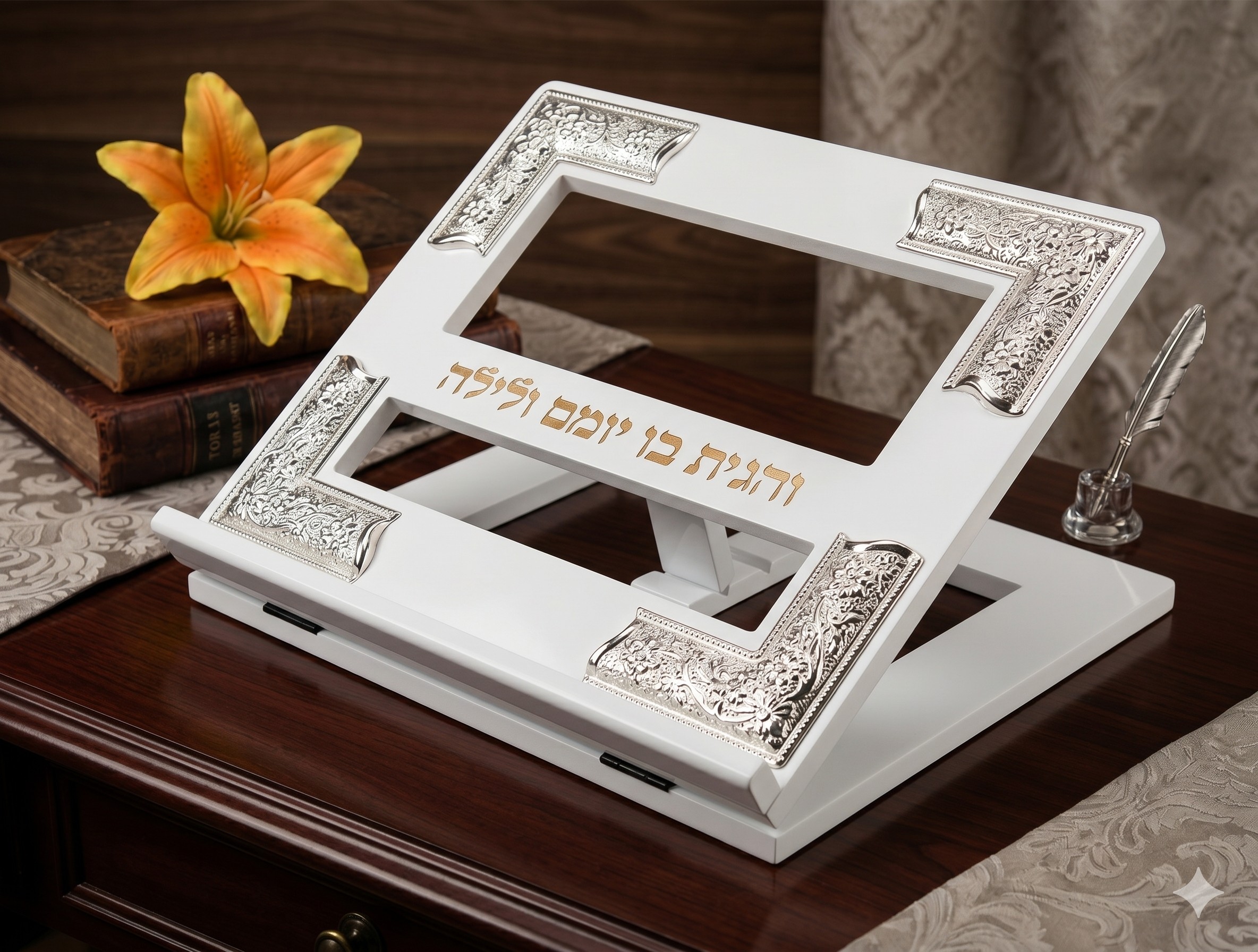 סטנדר עץ לבן מוכסף 4 פינות — תמונת מוצר