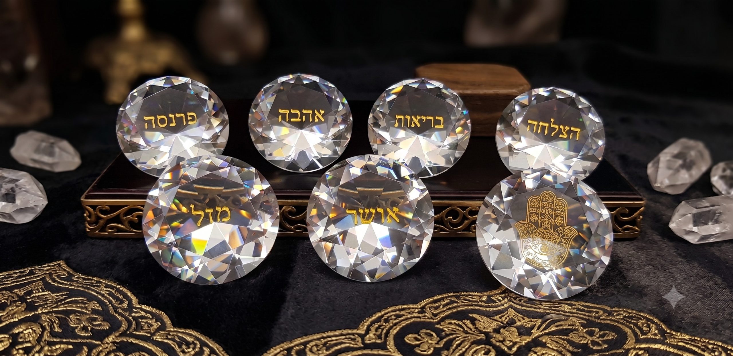 סט 7 ברכות יהלומי קריסטל כיתוב בזהב 8 ס״מ — תמונת מוצר