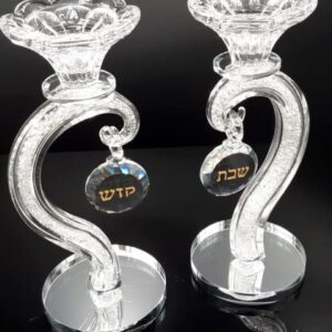 זוג פמוט קריסטל לב 19 ס״מ עם תיליון שבת קדש — תמונת מוצר