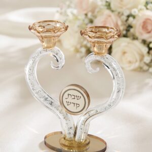 פמוט לב קריסטל רסיסים לבנים 21 ס״מ שמנת עם עיטור זהב — תמונת מוצר