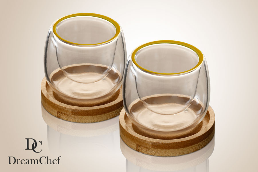 זוג כוסות קפה זכוכית פס זהב עם תחתיות עץ — דגם DREAM CHEF — תמונת מוצר