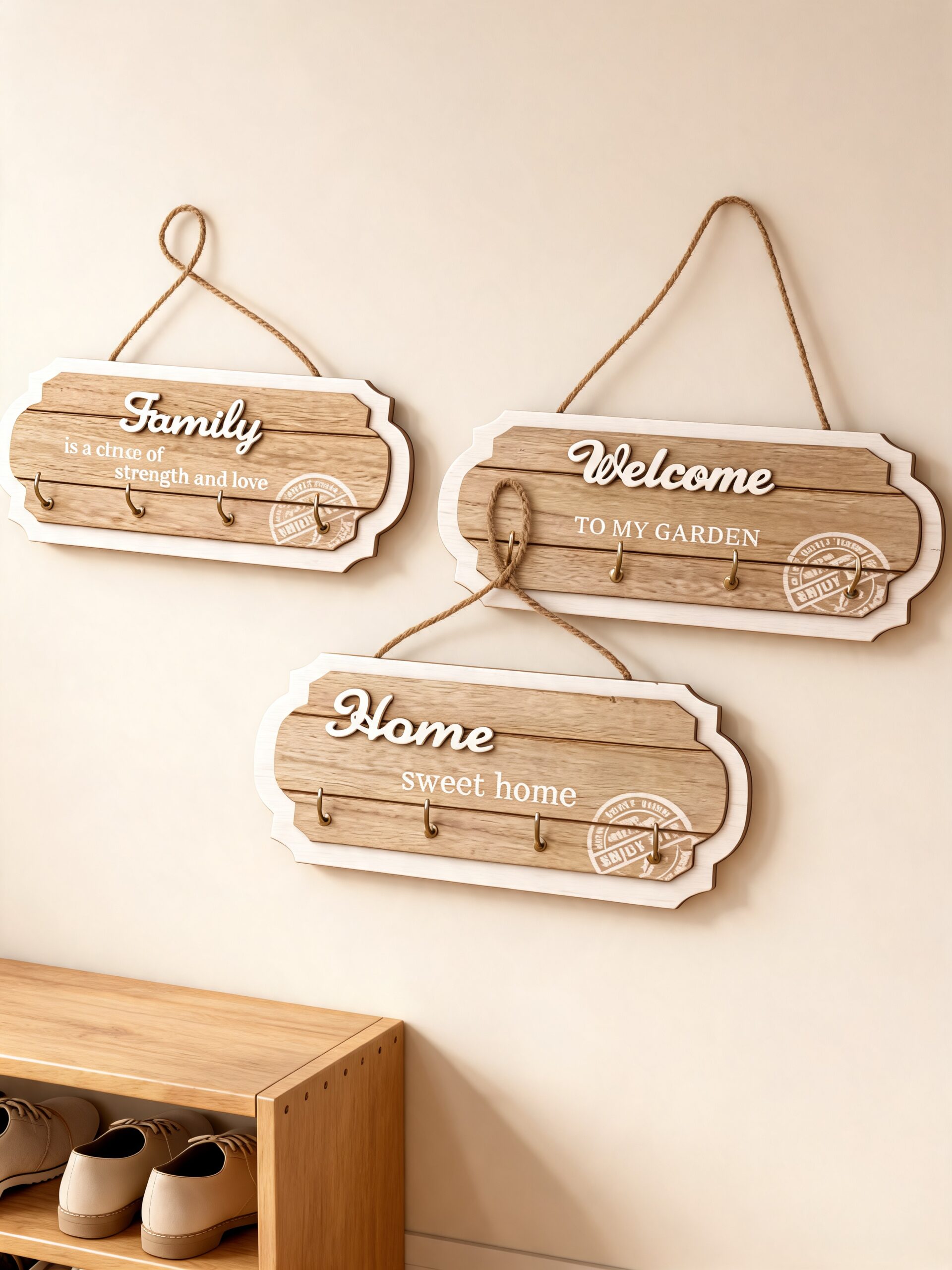 שילוט תלייה מעץ Family Welcome Home — בשימוש בבית