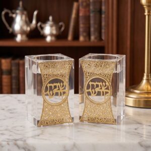 זוג פמוט קריסטל 8 ס״מ פלקטה מוזהבת חומה עם עיטור זהב — דגם KYOTO
