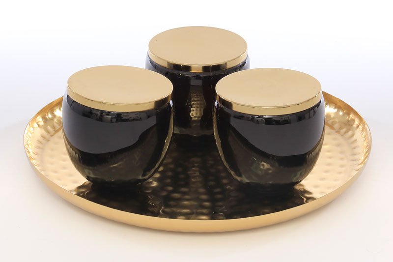 סט הגשה מגש + 3 בונבוניירות GoldBrass שחור בגודל 35×35×3 10×10×13 בצבע שחור