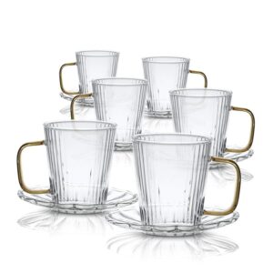 סט 6 ספלי אספרסו 80ml + תחתיות זכוכית ידיות זהב