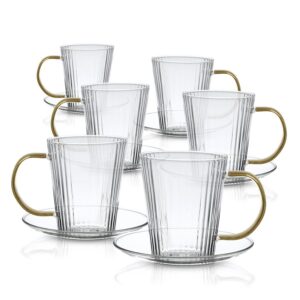 סט 6 ספלי קפוצ'ינו 280ml + תחתיות זכוכית ידיות זהב