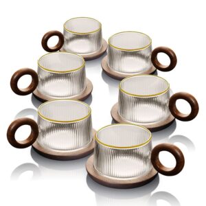 סט 6 ספלים זכוכית פס זהב + תחתיות וידיות עץ מבית — דגם ML DREAM CHEF