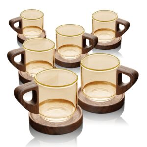 סט 6 ספלי אספרסו 90ml זכוכית Light Amber פס זהב + תחתיות עץ